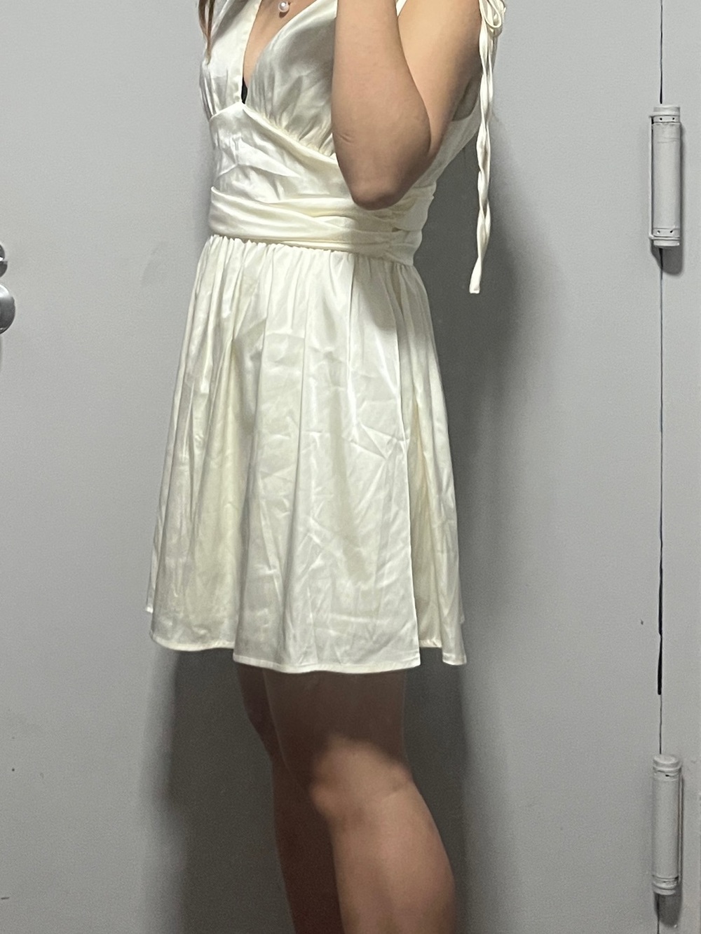 SHEIN Ivory Satin Tie-Shoulder V-Neck Mini Dress